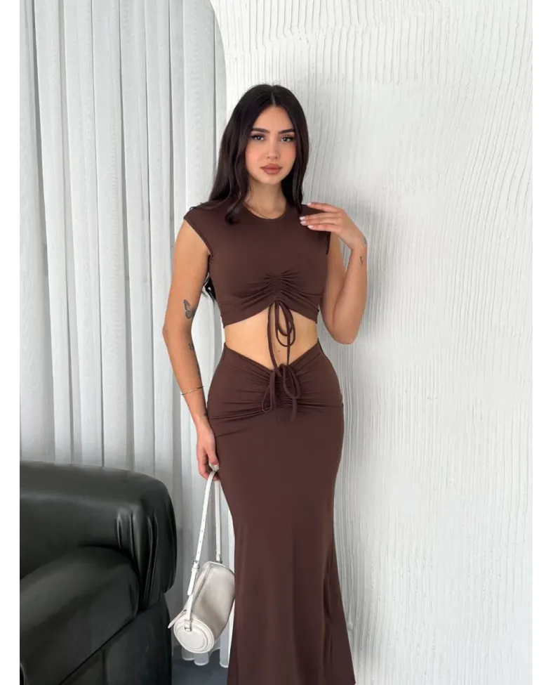 Osy Modal Yumuşak Dokulu Kumaş Büzgülü Crop Etek Takım -Kahverengi