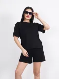 Osy Modal yumuşak dokulu Kumaş Kadın Bisiklet Yaka T-shirt Kısa Şort İkili Takım - Siyah