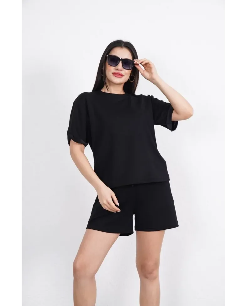 Osy Modal yumuşak dokulu Kumaş Kadın Bisiklet Yaka T-shirt Kısa Şort İkili Takım - Siyah