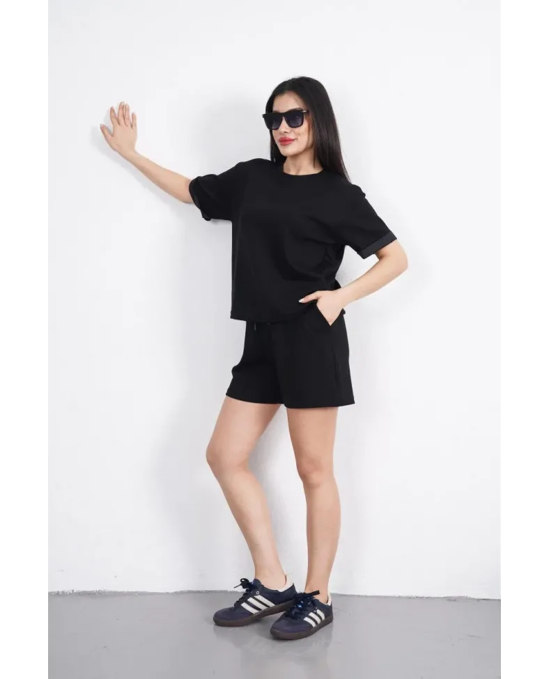 Osy Modal yumuşak dokulu Kumaş Kadın Bisiklet Yaka T-shirt Kısa Şort İkili Takım - Siyah