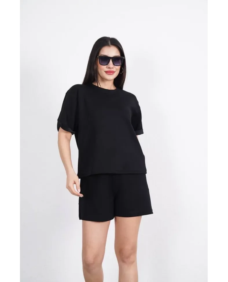 Osy Modal yumuşak dokulu Kumaş Kadın Bisiklet Yaka T-shirt Kısa Şort İkili Takım - Siyah