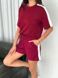 Osy Modal yumuşak dokulu Kumaş Kadın Parçalı Bisiklet Yaka T-shirt Kısa Şort İkili Takım - Bordo