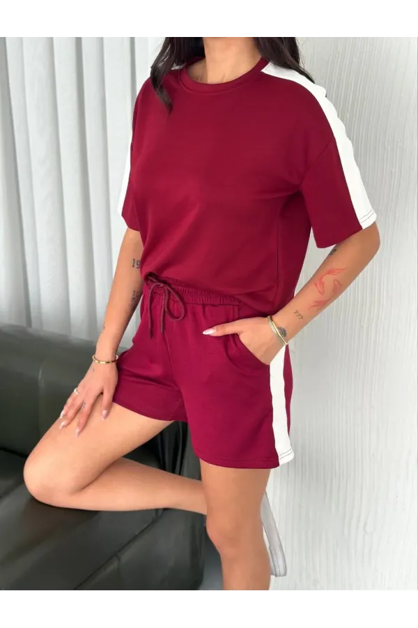 Osy Modal yumuşak dokulu Kumaş Kadın Parçalı Bisiklet Yaka T-shirt Kısa Şort İkili Takım - Bordo
