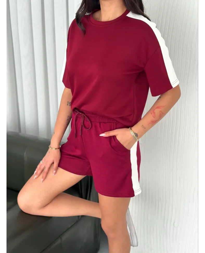 Osy Modal yumuşak dokulu Kumaş Kadın Parçalı Bisiklet Yaka T-shirt Kısa Şort İkili Takım - Bordo