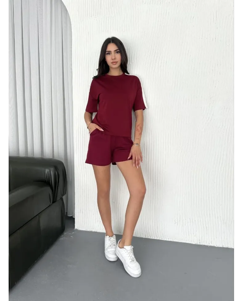 Osy Modal yumuşak dokulu Kumaş Kadın Parçalı Bisiklet Yaka T-shirt Kısa Şort İkili Takım - Bordo