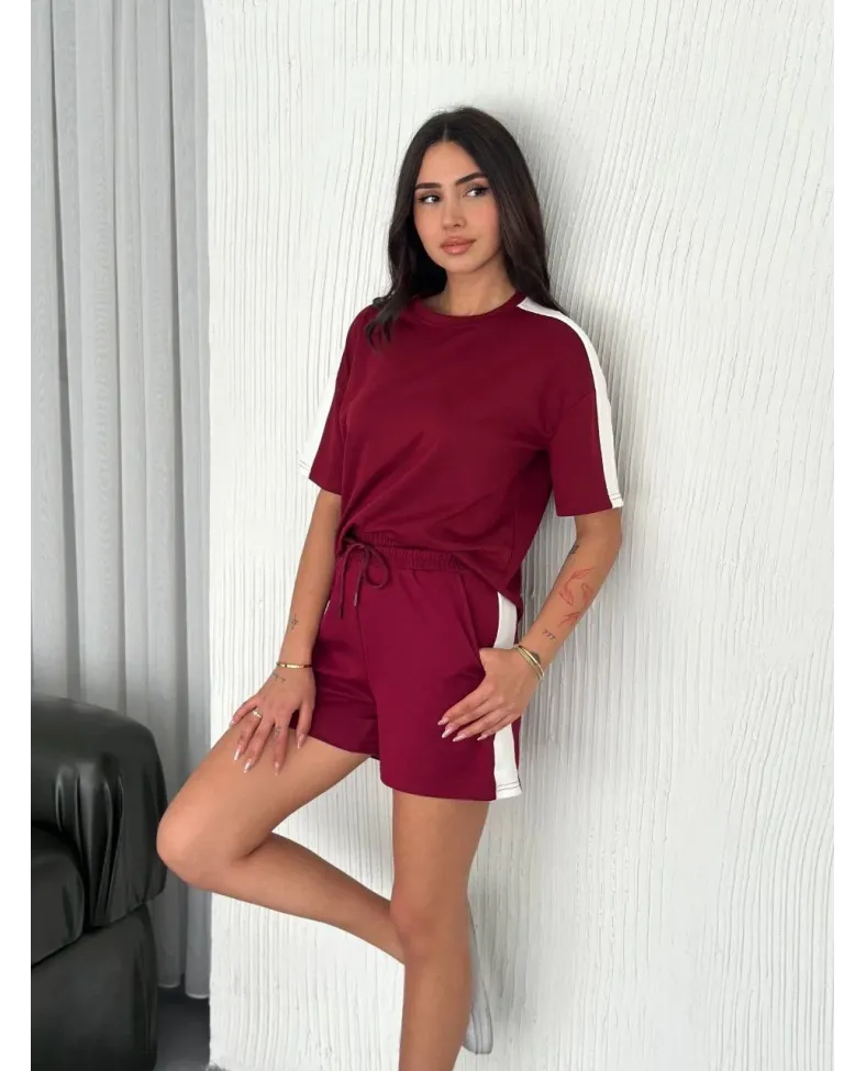 Osy Modal yumuşak dokulu Kumaş Kadın Parçalı Bisiklet Yaka T-shirt Kısa Şort İkili Takım - Bordo