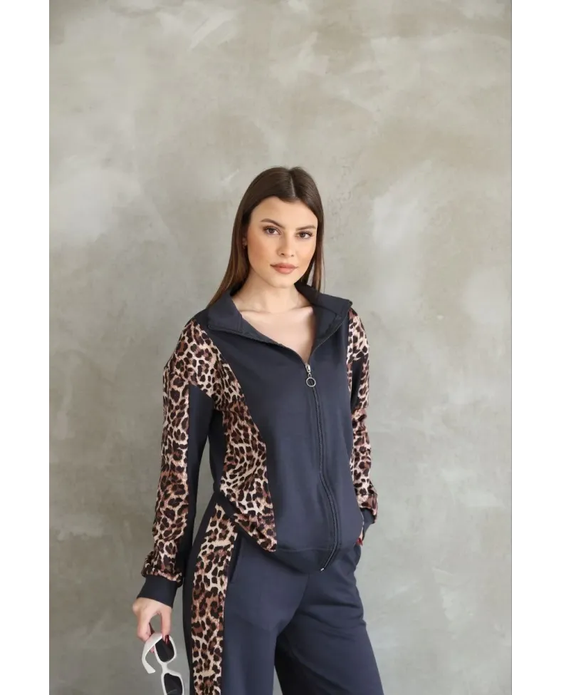 Kadın Osy Modal Yumuşak Dokulu Kapüşonlu Leopar Desenli Fermuarlı Takım - Antrasit