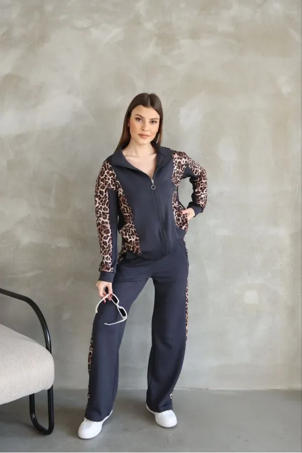 Kadın Osy Modal Yumuşak Dokulu Kapüşonlu Leopar Desenli Fermuarlı Takım - Antrasit