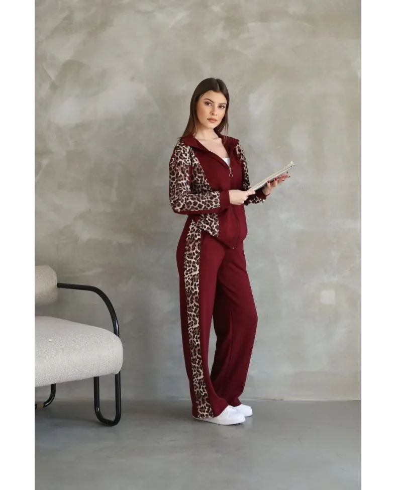 Osy Modal Yumuşak Dokulu Kapüşonlu Leopar Desenli Fermuarlı Takım - Bordo