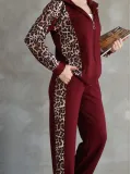Osy Modal Yumuşak Dokulu Kapüşonlu Leopar Desenli Fermuarlı Takım - Bordo