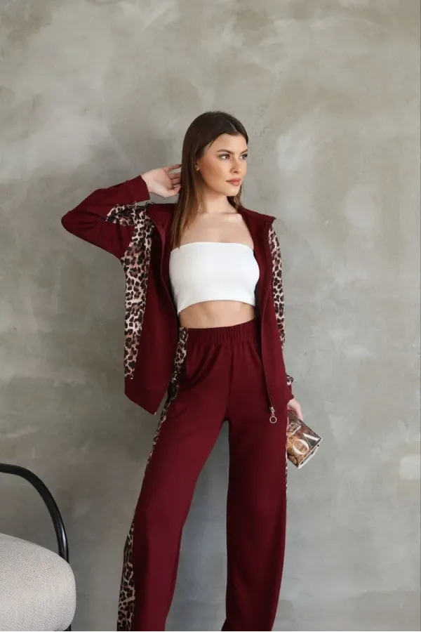 Osy Modal Yumuşak Dokulu Kapüşonlu Leopar Desenli Fermuarlı Takım - Bordo