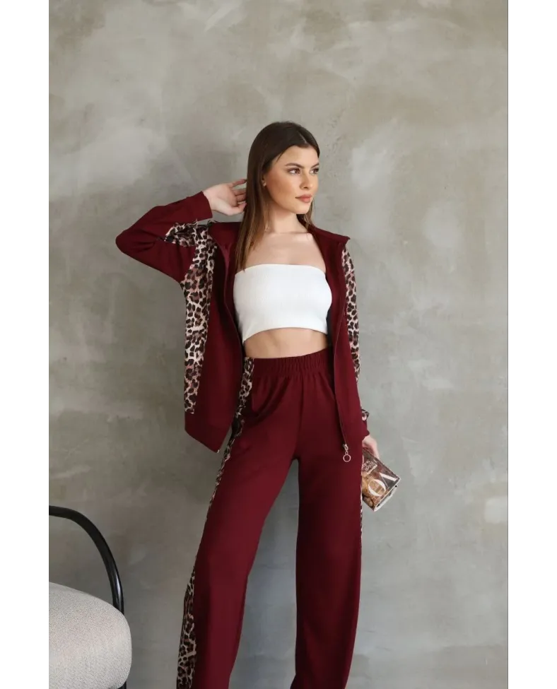 Osy Modal Yumuşak Dokulu Kapüşonlu Leopar Desenli Fermuarlı Takım - Bordo