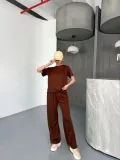 Osy Modal Yumuşak Dokulu Kumaş Kısa Kollu Bluz Rahat Pantalon ikili Takım- Kahverengi