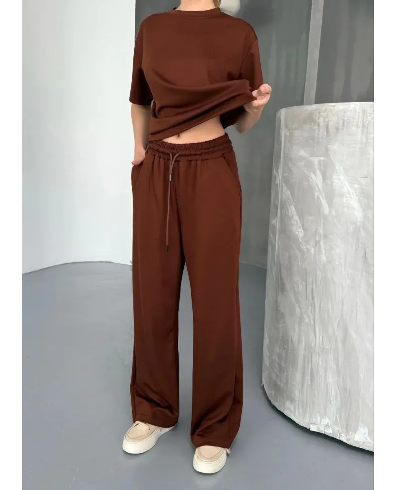 Osy Modal Yumuşak Dokulu Kumaş Kısa Kollu Bluz Rahat Pantalon ikili Takım- Kahverengi