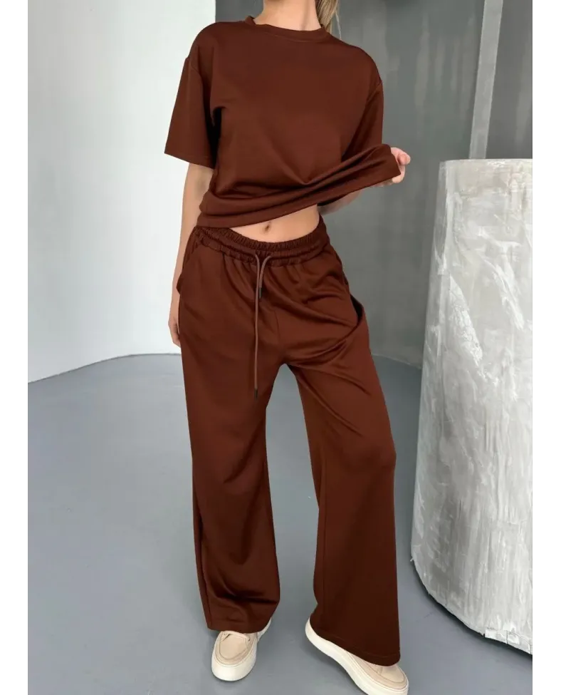 Osy Modal Yumuşak Dokulu Kumaş Kısa Kollu Bluz Rahat Pantalon ikili Takım- Kahverengi