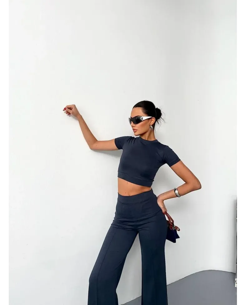 Osy Modal Yumuşak Dokulu Kumaş Kısa Kollu Crop Alt ispanyol Paça Pantalon ikili Takım - Füme