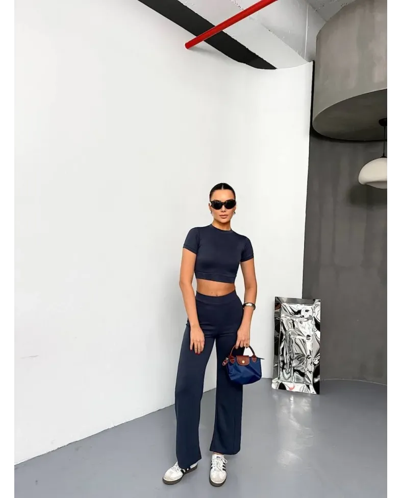 Osy Modal Yumuşak Dokulu Kumaş Kısa Kollu Crop Alt ispanyol Paça Pantalon ikili Takım - Füme