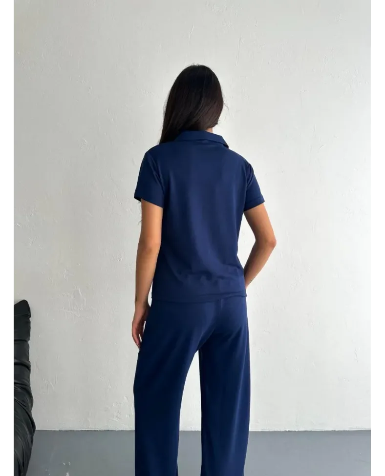 Osy Modal Yumuşak Dokulu Kısa Kollu Yakalı Pantalon ikili Takım - Lacivert