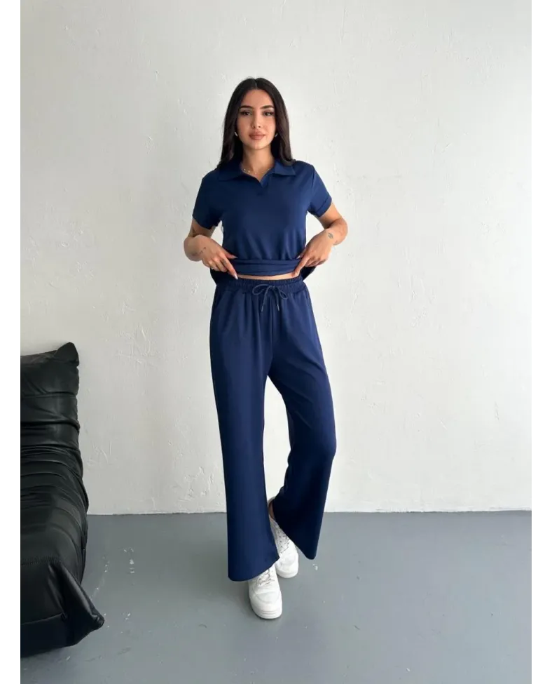 Osy Modal Yumuşak Dokulu Kısa Kollu Yakalı Pantalon ikili Takım - Lacivert