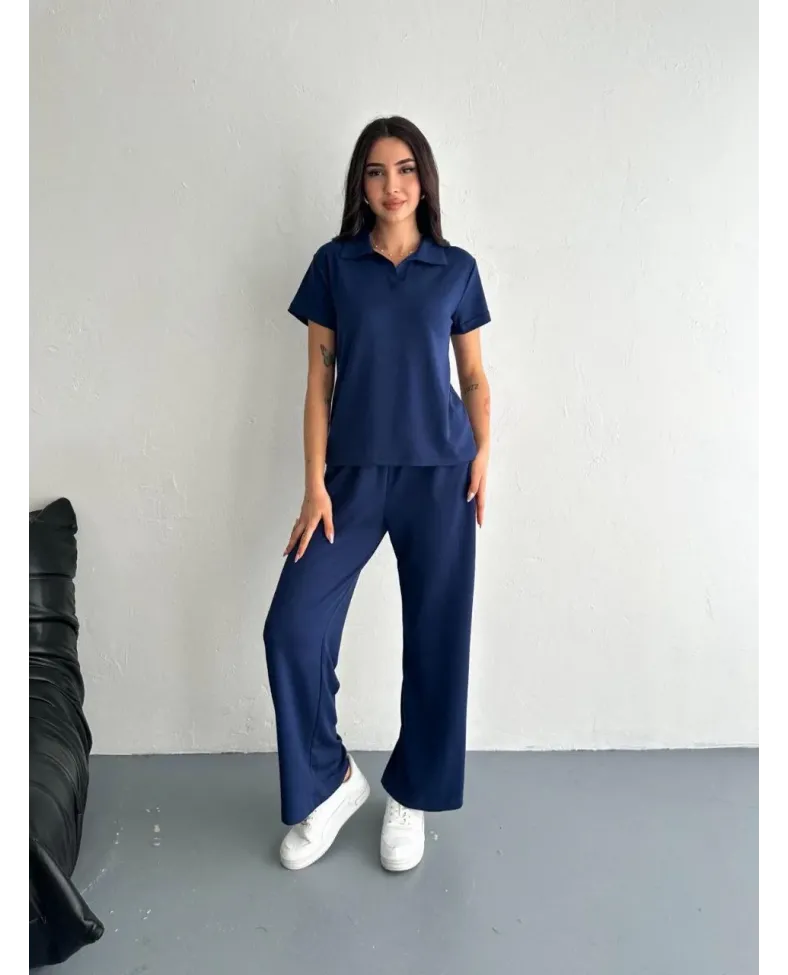 Osy Modal Yumuşak Dokulu Kısa Kollu Yakalı Pantalon ikili Takım - Lacivert