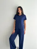 Osy Modal Yumuşak Dokulu Kısa Kollu Yakalı Pantalon ikili Takım - Lacivert