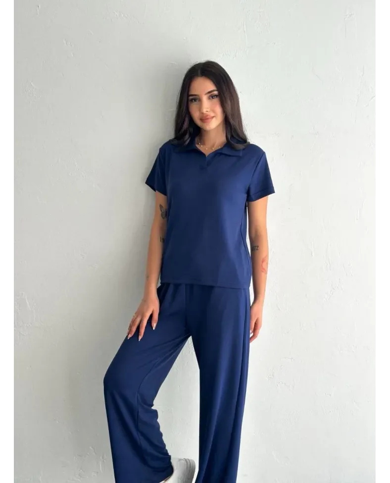 Osy Modal Yumuşak Dokulu Kısa Kollu Yakalı Pantalon ikili Takım - Lacivert