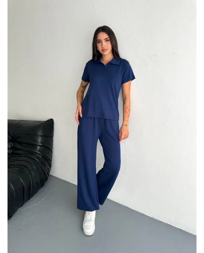 Osy Modal Yumuşak Dokulu Kısa Kollu Yakalı Pantalon ikili Takım - Lacivert