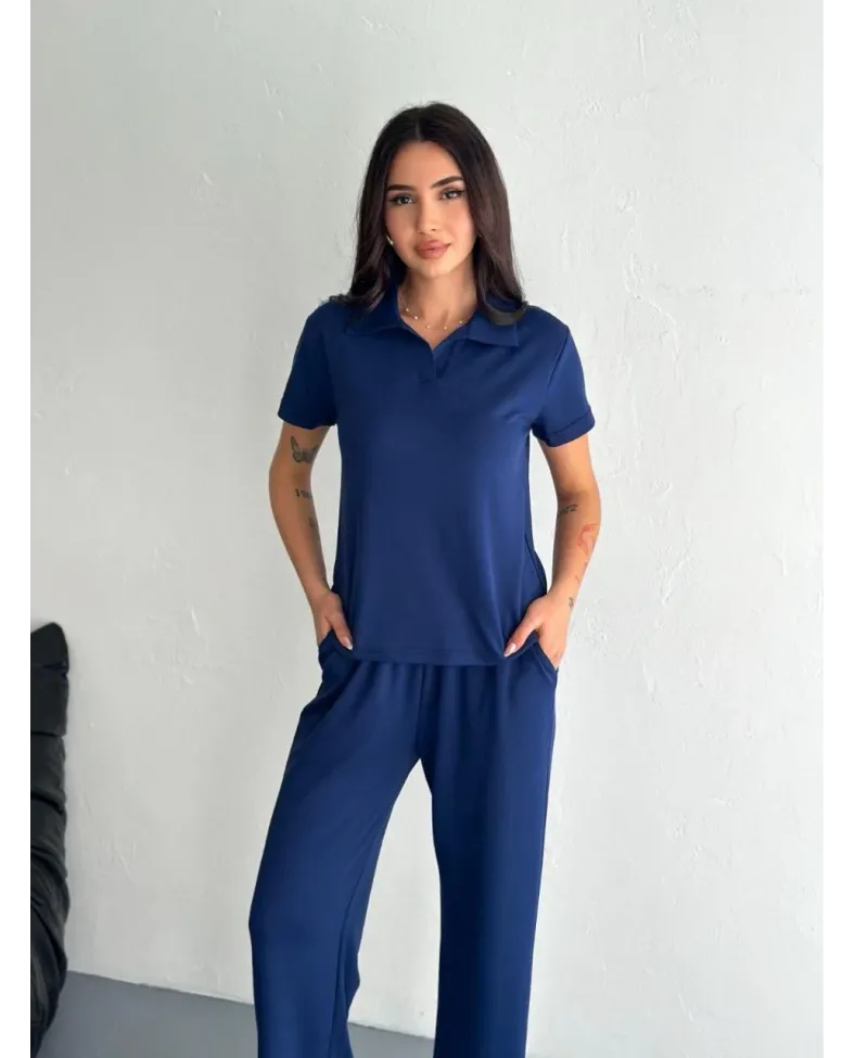 Osy Modal Yumuşak Dokulu Kısa Kollu Yakalı Pantalon ikili Takım - Lacivert