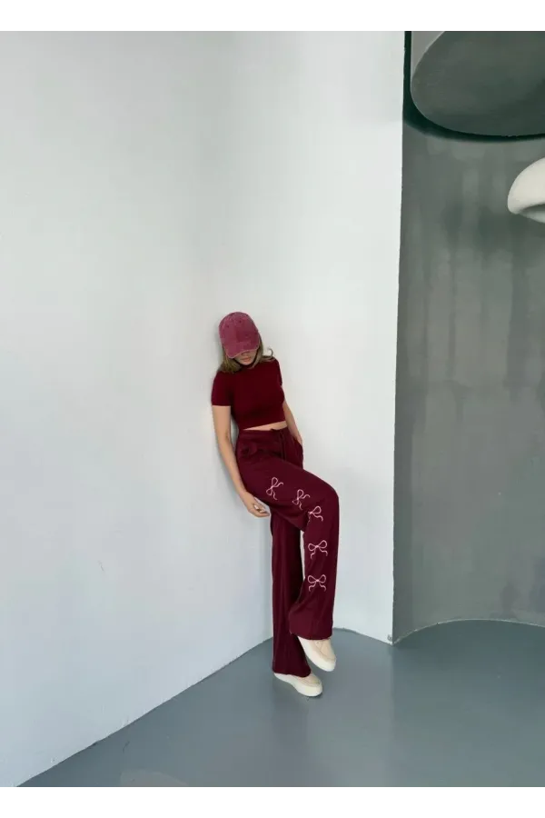 Osy Modal Yumuşak Dokulu Kumaş Nakış işlemeli Rahat Bol Paça Eşofman Pantalon - Bordo