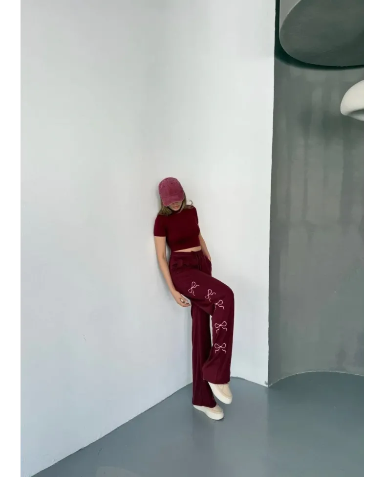 Osy Modal Yumuşak Dokulu Kumaş Nakış işlemeli Rahat Bol Paça Eşofman Pantalon - Bordo