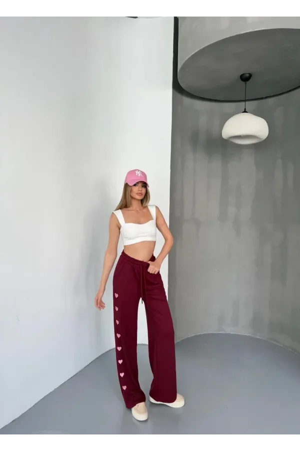 Osy Modal Yumuşak Dokulu Kumaş Nakış işlemeli Rahat Bol Paça Eşofman Pantalon - Bordo