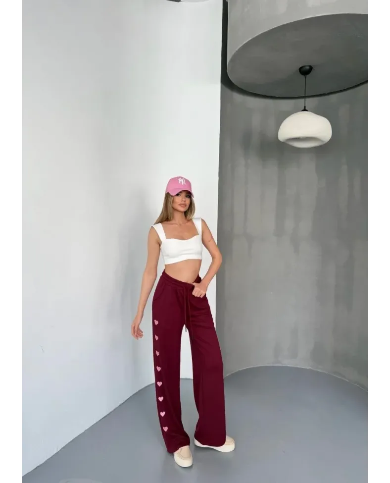 Osy Modal Yumuşak Dokulu Kumaş Nakış işlemeli Rahat Bol Paça Eşofman Pantalon - Bordo