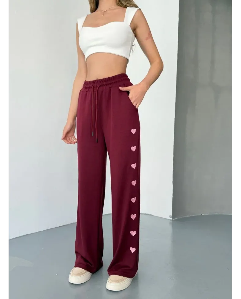 Osy Modal Yumuşak Dokulu Kumaş Nakış işlemeli Rahat Bol Paça Eşofman Pantalon - Bordo