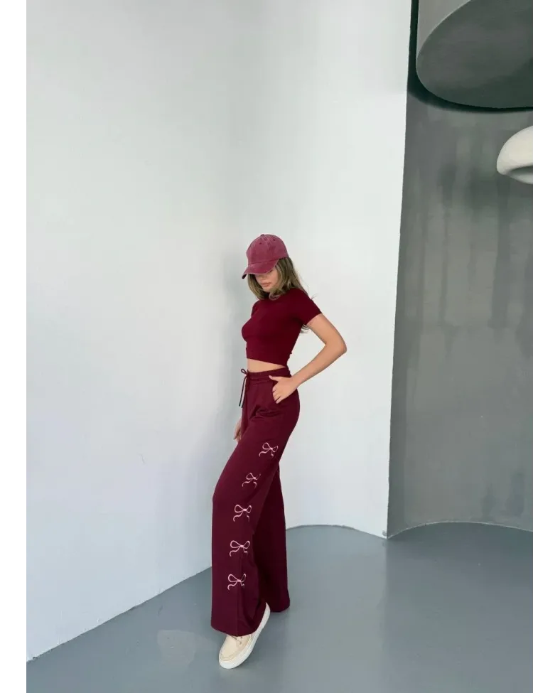 Osy Modal Yumuşak Dokulu Kumaş Nakış işlemeli Rahat Bol Paça Eşofman Pantalon - Bordo