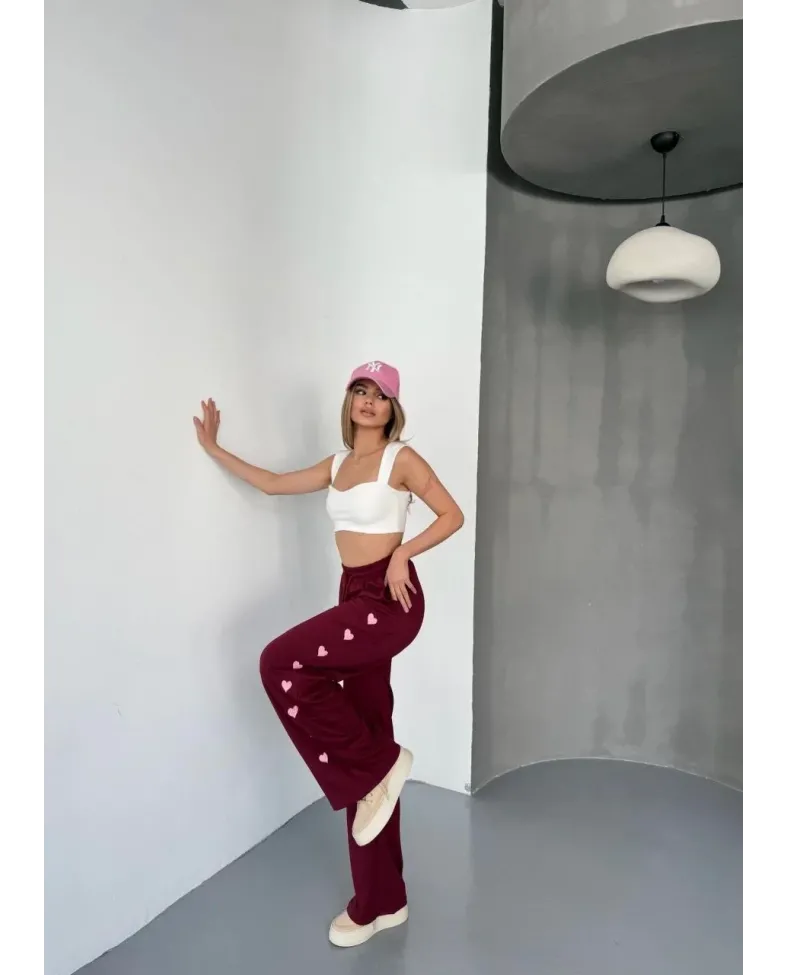 Osy Modal Yumuşak Dokulu Kumaş Nakış işlemeli Rahat Bol Paça Eşofman Pantalon - Bordo