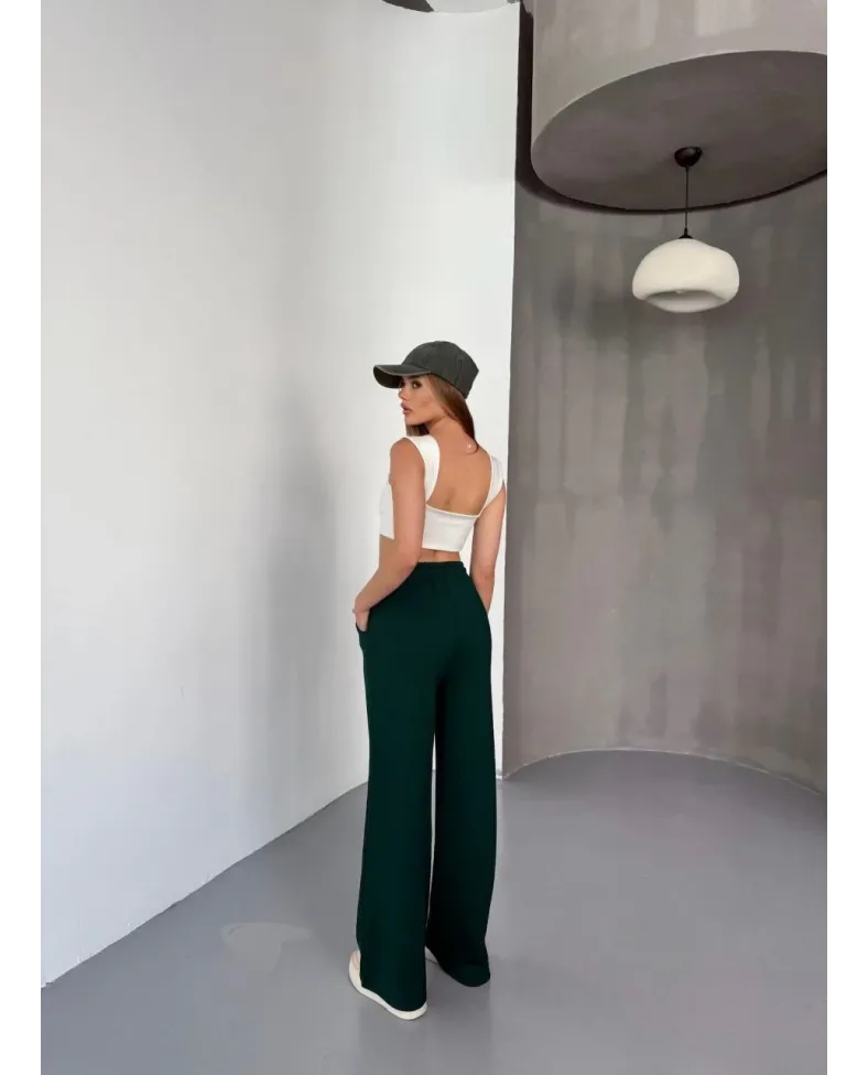 Osy Modal Yumuşak Dokulu Kumaş Nakış işlemeli Rahat Bol Paça Eşofman Pantalon - Yeşil