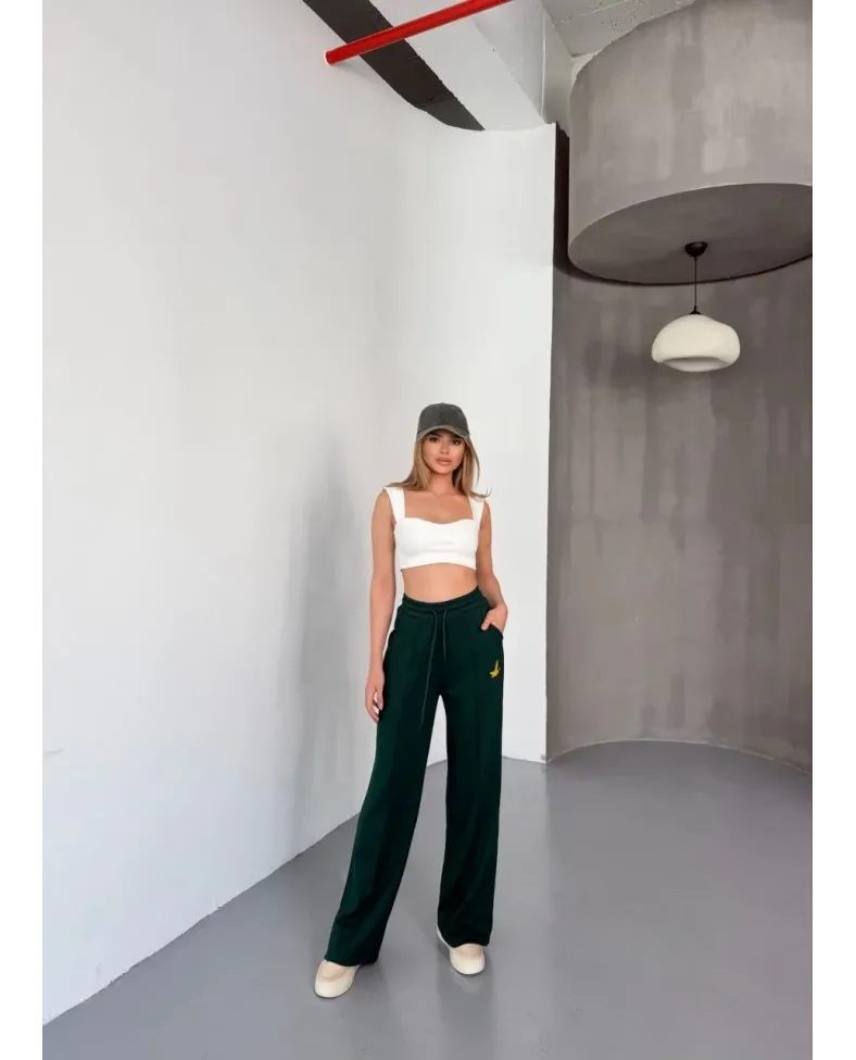 Osy Modal Yumuşak Dokulu Kumaş Nakış işlemeli Rahat Bol Paça Eşofman Pantalon - Yeşil