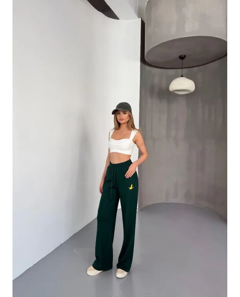 Osy Modal Yumuşak Dokulu Kumaş Nakış işlemeli Rahat Bol Paça Eşofman Pantalon - Yeşil