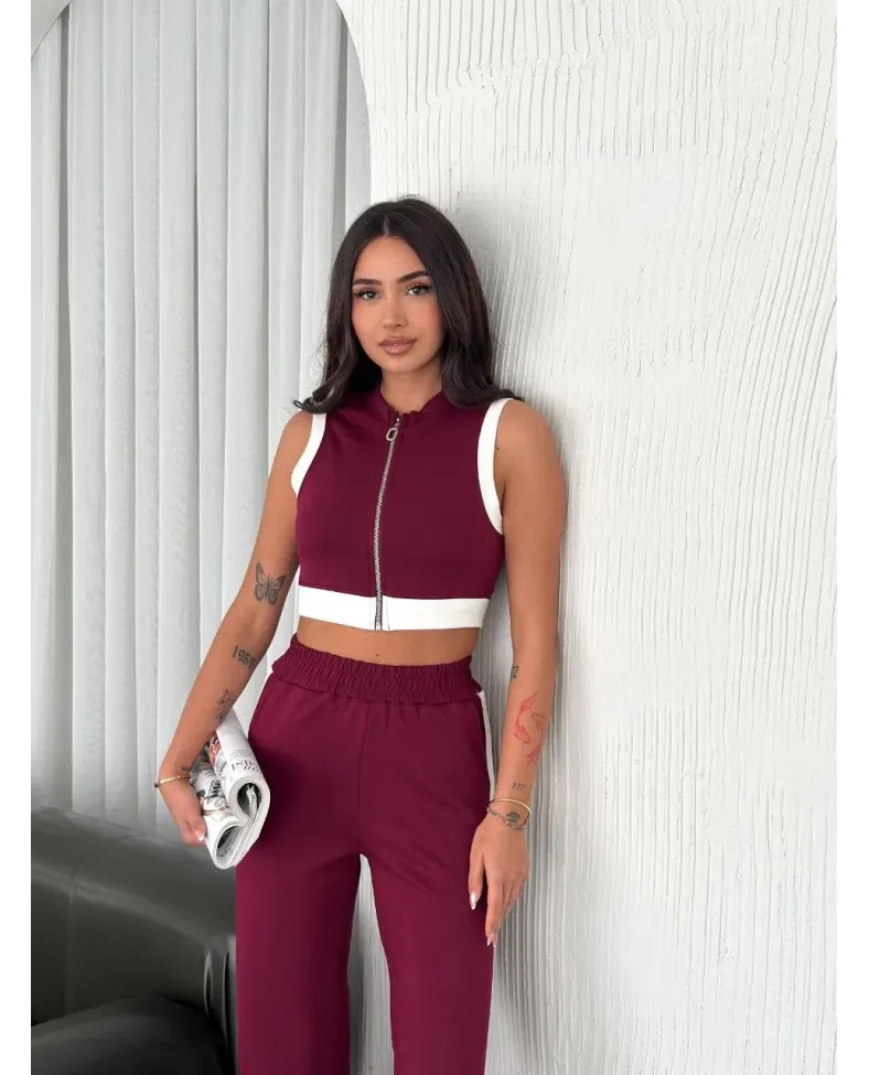 Osy Modal Yumuşak Dokulu Kumaş Tam Fermuarlı Crop Pantalon İkili Takım - Bordo