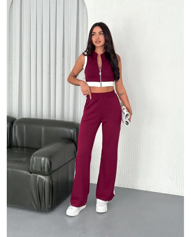 Osy Modal Yumuşak Dokulu Kumaş Tam Fermuarlı Crop Pantalon İkili Takım - Bordo