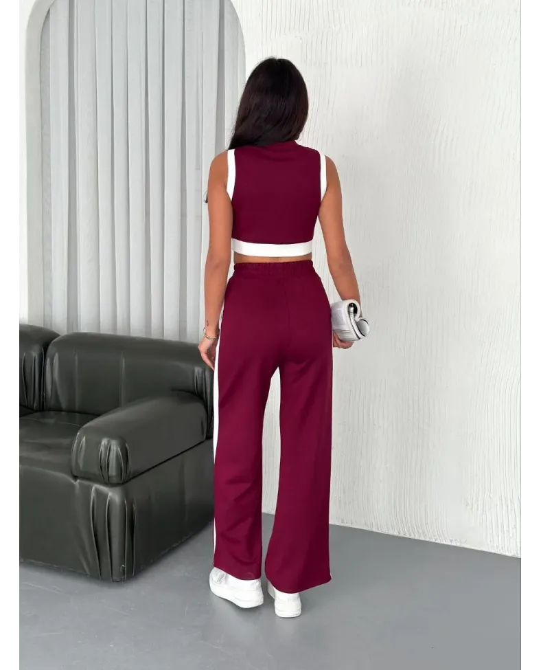 Osy Modal Yumuşak Dokulu Kumaş Tam Fermuarlı Crop Pantalon İkili Takım - Bordo