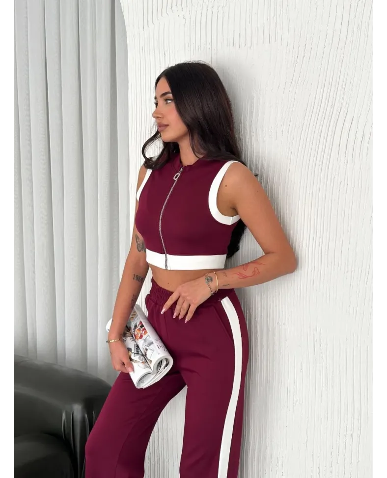 Osy Modal Yumuşak Dokulu Kumaş Tam Fermuarlı Crop Pantalon İkili Takım - Bordo