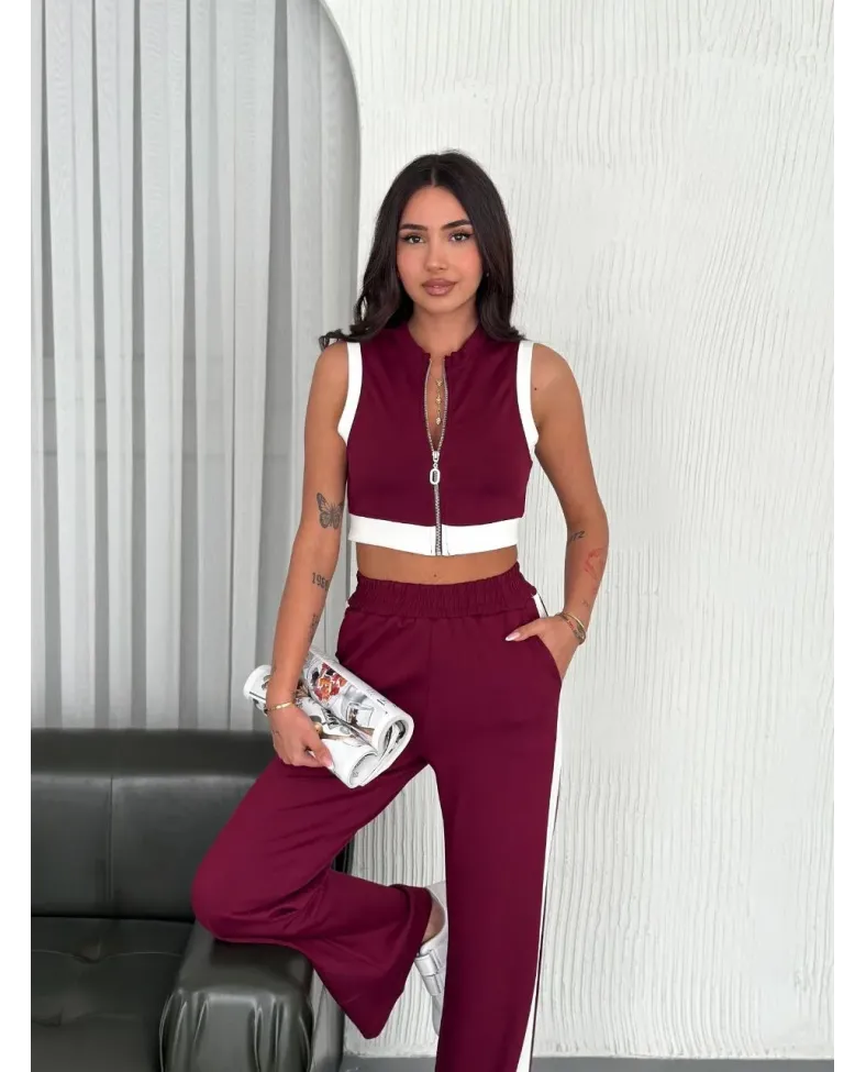 Osy Modal Yumuşak Dokulu Kumaş Tam Fermuarlı Crop Pantalon İkili Takım - Bordo