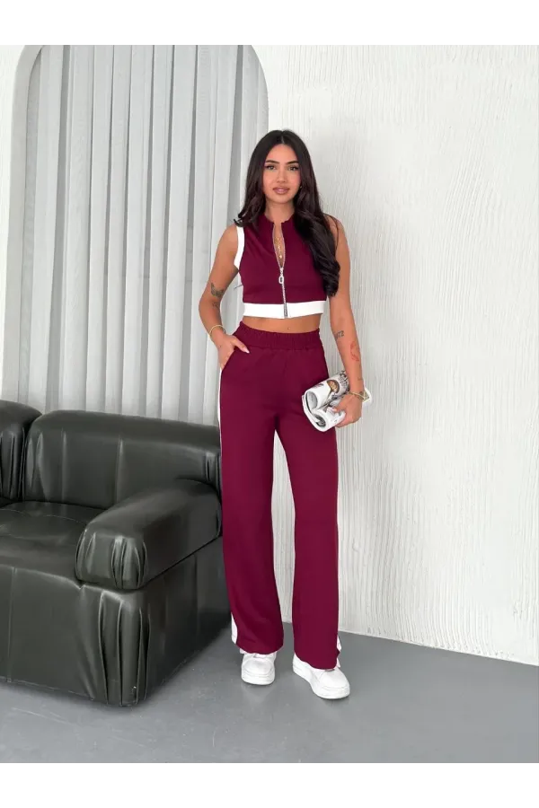 Osy Modal Yumuşak Dokulu Kumaş Tam Fermuarlı Crop Pantalon İkili Takım - Bordo