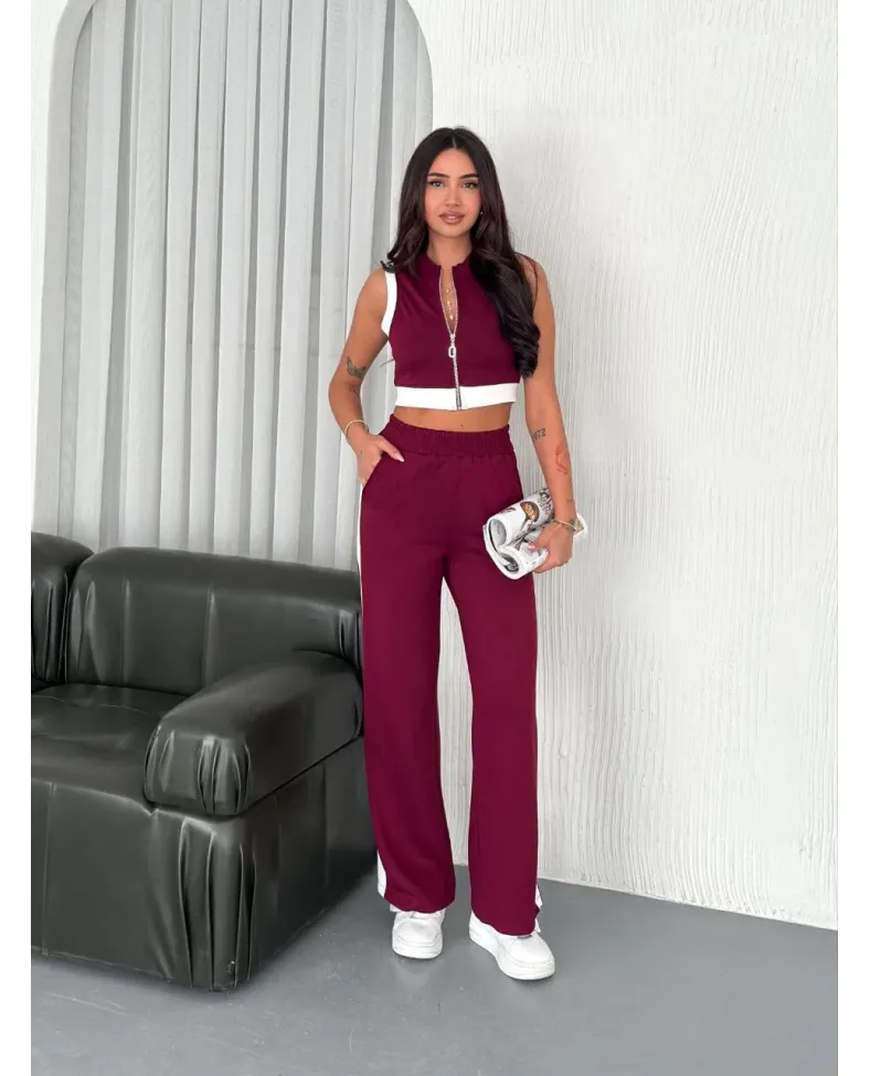 Osy Modal Yumuşak Dokulu Kumaş Tam Fermuarlı Crop Pantalon İkili Takım - Bordo