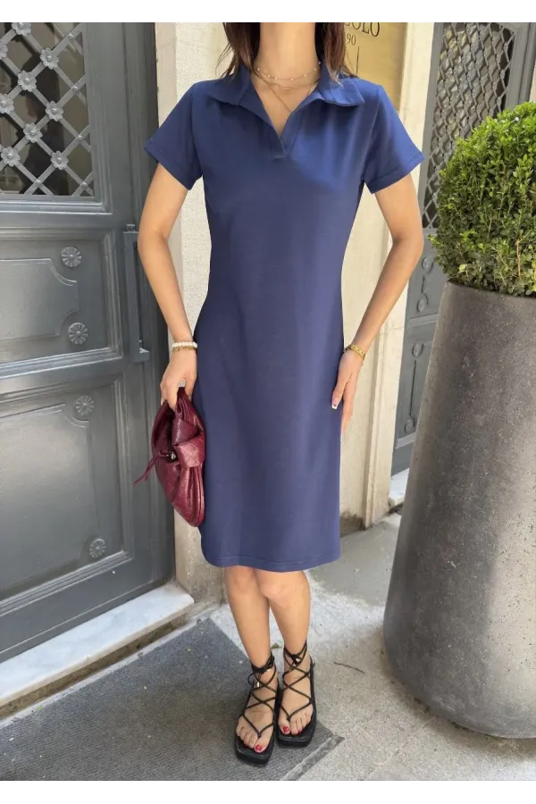 Osy Modal Yumuşak Dokulu Yakalı Kısa Kollu Elbise - Mavi