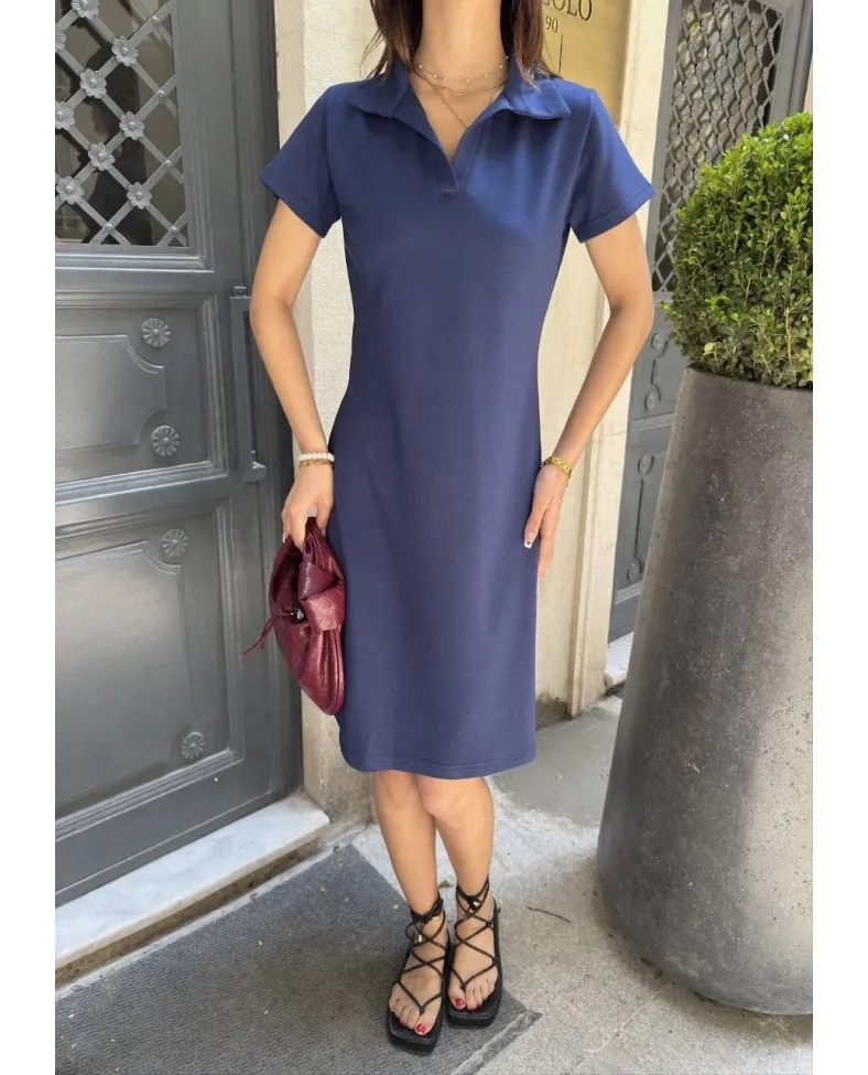 Osy Modal Yumuşak Dokulu Yakalı Kısa Kollu Elbise - Mavi