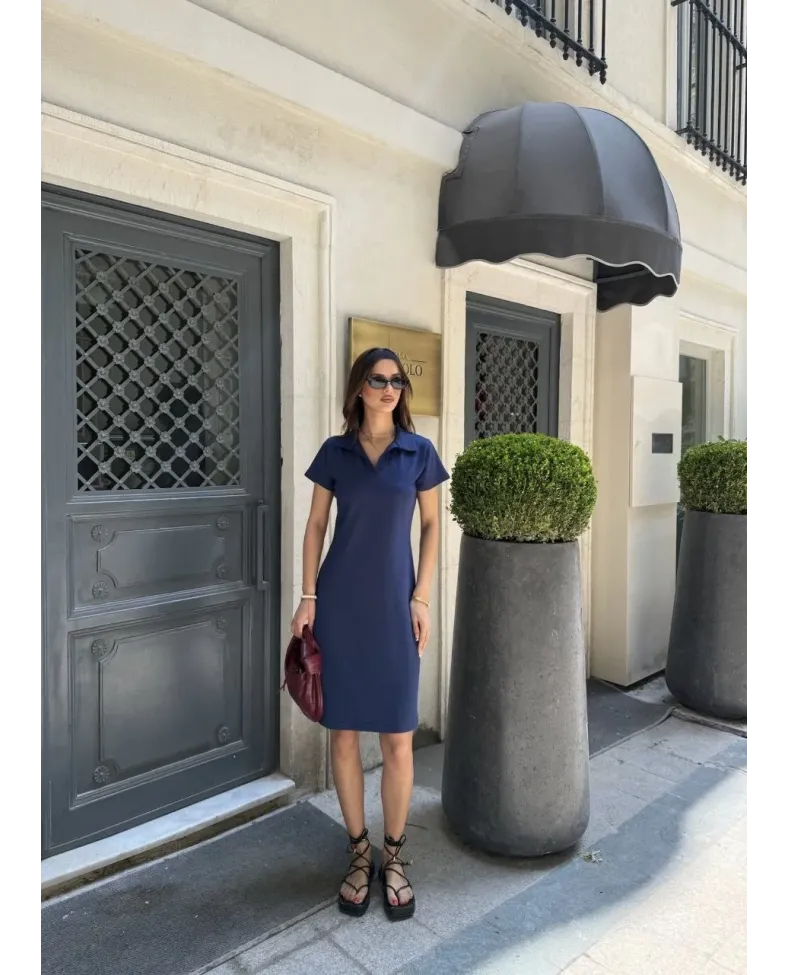 Osy Modal Yumuşak Dokulu Yakalı Kısa Kollu Elbise - Mavi