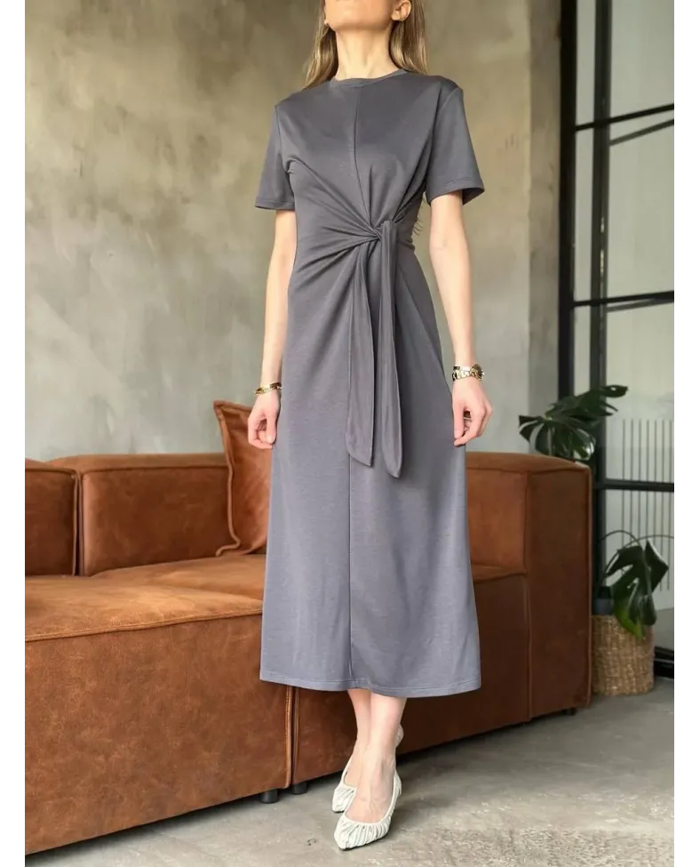 Osy Modal Yumuşak Dokulu Yandan Bağlamalı Elbise - Gri