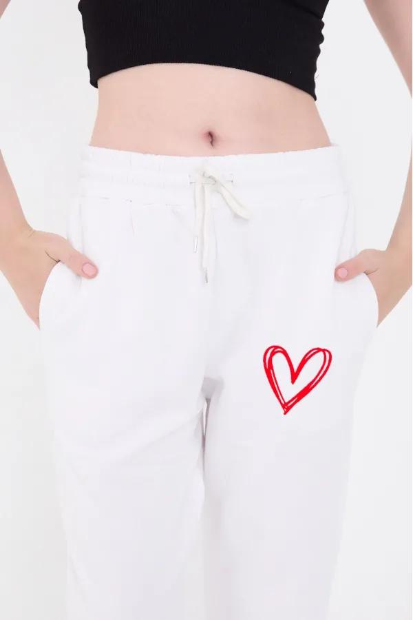 Kadın Üç İplik Pamuklu  Baskılı Paçası Lastikli Cepli Eşofman Pantolon - Beyaz